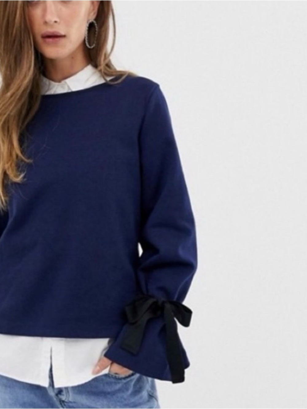 J. Crew Navy Crewneck Sweatshirt with Sleeve Black Bows Wrist Ties